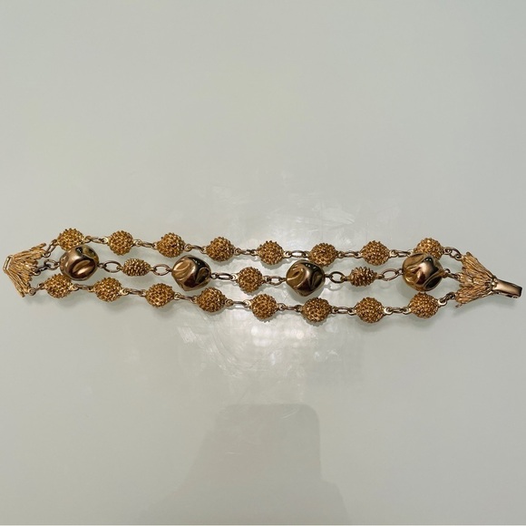 Vintage Unsigned Textured Ball Beads Multi Strand Gold Tone Bracelet Mon… - Picture 2 of 8